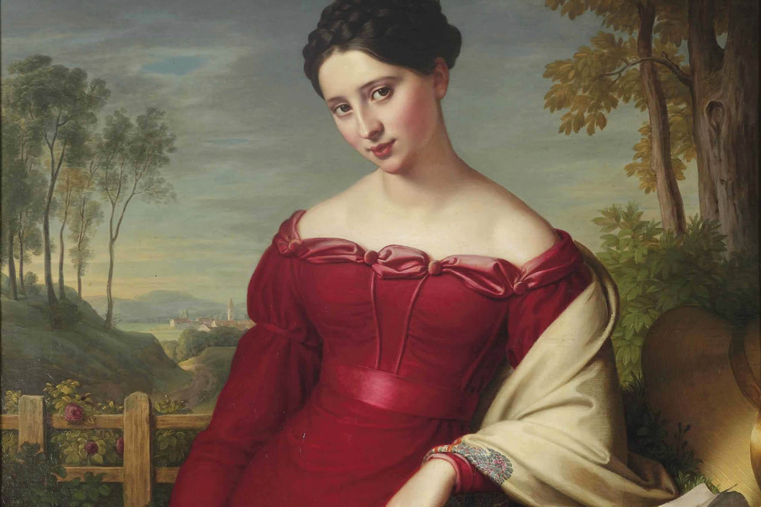 Painting by Eduard Friedrich Leybold - Portrait of a young elegant lady, three-quarter length, in a red dress with an embroidered shawl, standing in a landscape