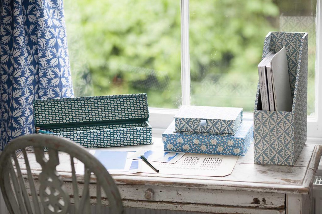 Desk furniture covered in Cambridge Imprint patterned paper www.cambridgeimprint.co.uk